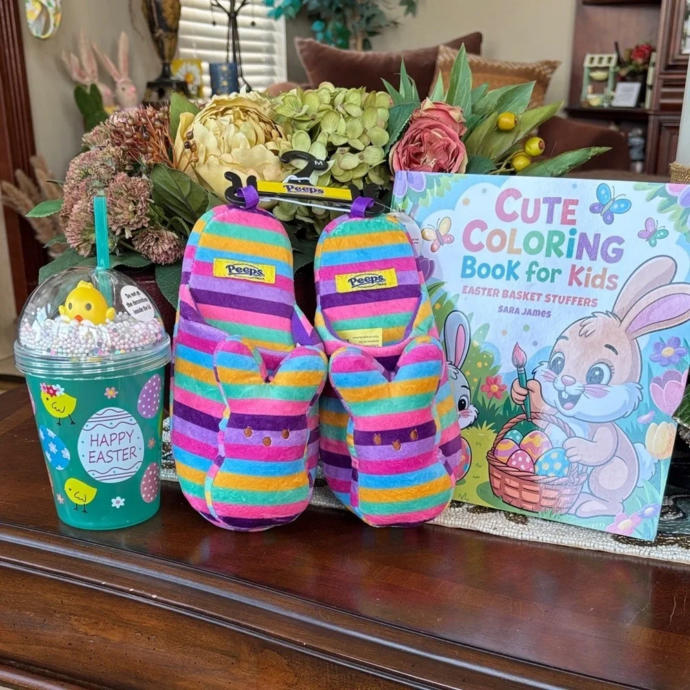 Brand New Girls Easter Basket Gift Set Peeps Slippers Chick Cup Coloring Book